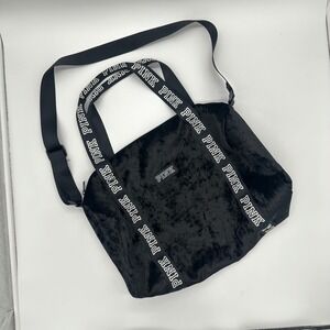 Victoria's Secret Pink Black With White logo crushed Velvet Duffle Bag
